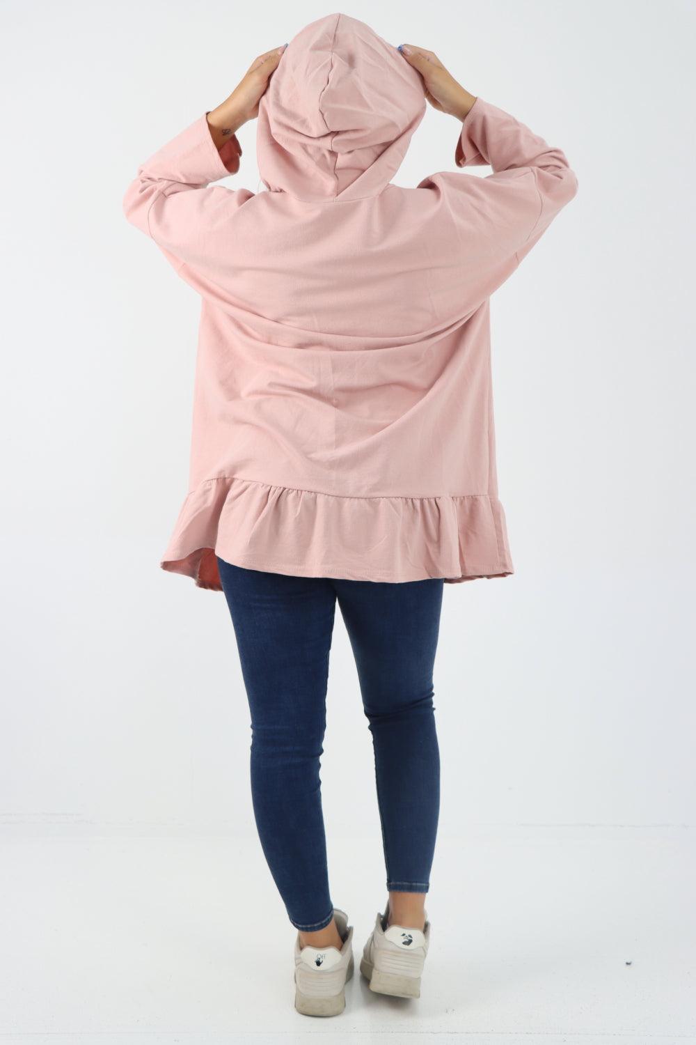 Frill Hem Long Sleeve Hooded Top - Lashra Fashion