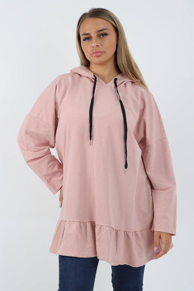 Frill Hem Long Sleeve Hooded Top - Lashra Fashion