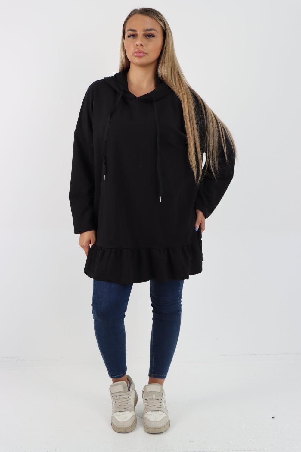 Frill Hem Long Sleeve Hooded Top - Lashra Fashion