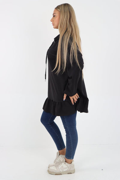 Frill Hem Long Sleeve Hooded Top - Lashra Fashion