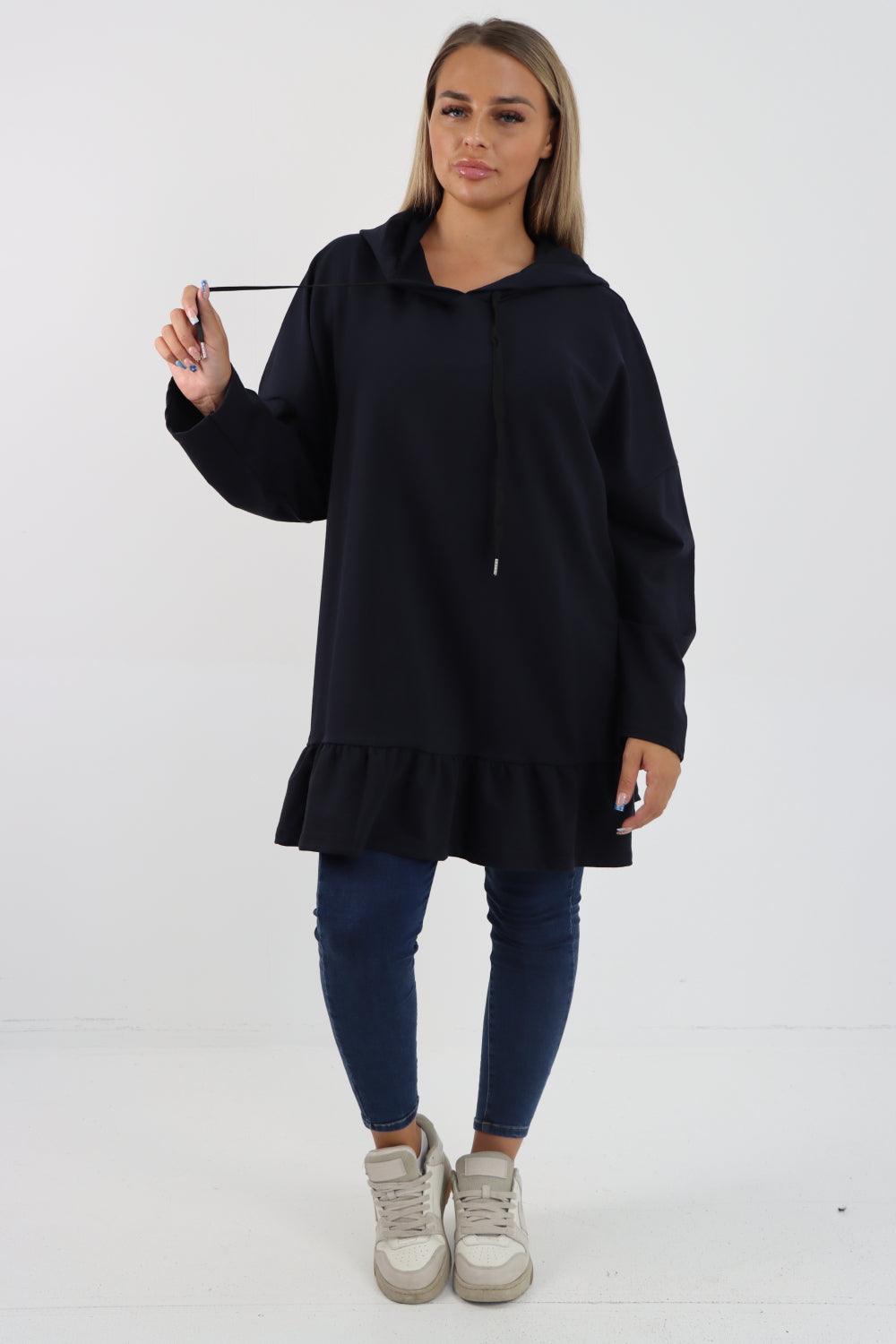 Frill Hem Long Sleeve Hooded Top - Lashra Fashion