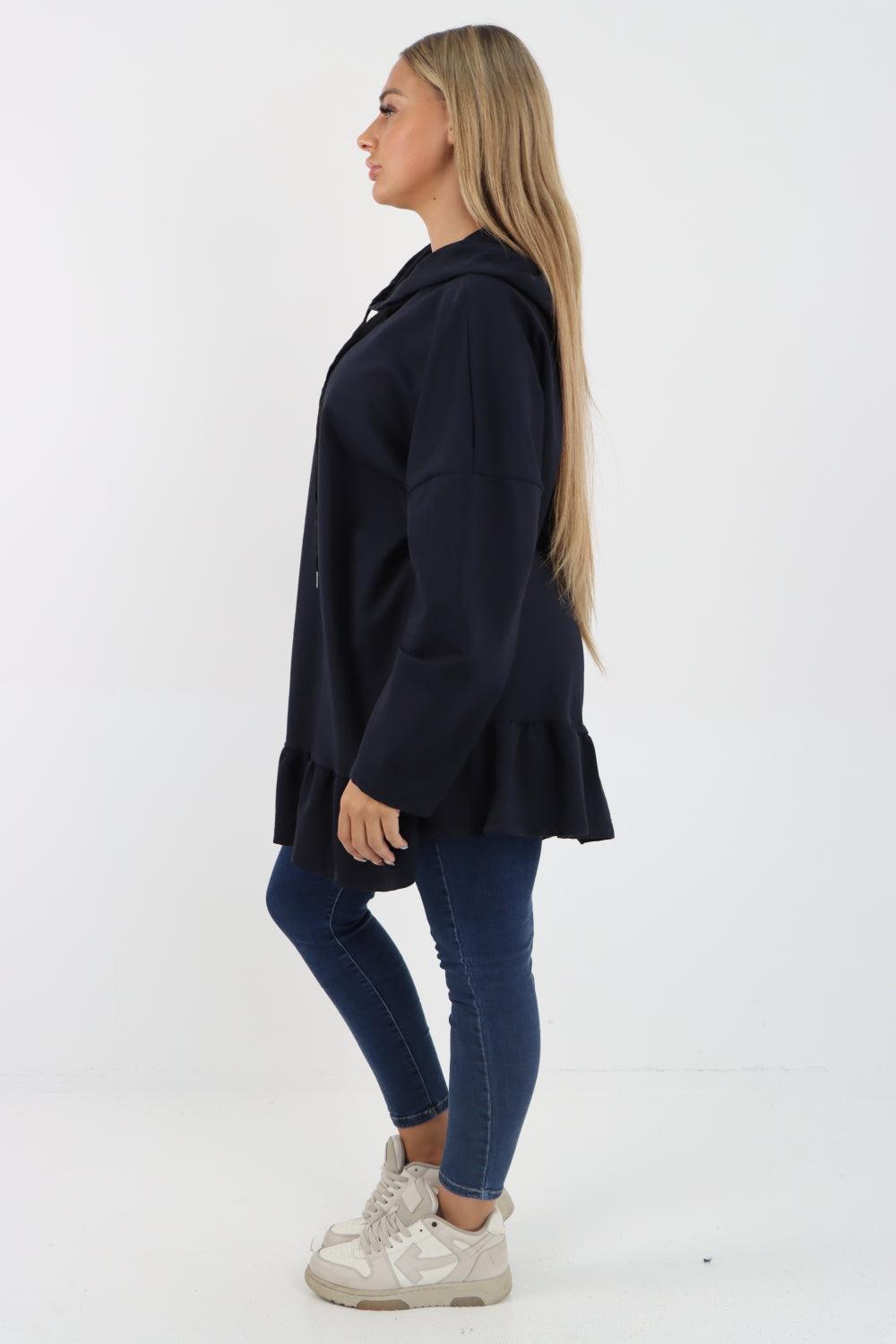 Frill Hem Long Sleeve Hooded Top - Lashra Fashion