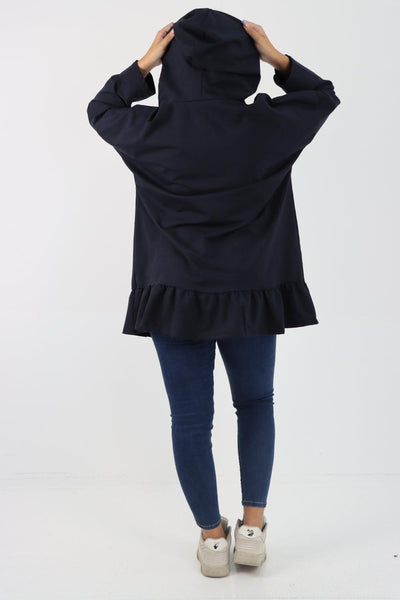 Frill Hem Long Sleeve Hooded Top - Lashra Fashion