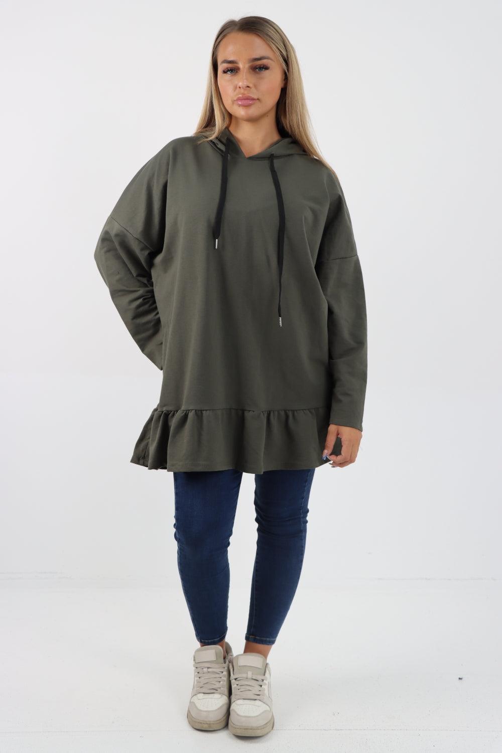 Frill Hem Long Sleeve Hooded Top - Lashra Fashion