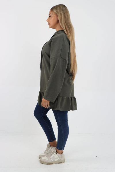 Frill Hem Long Sleeve Hooded Top - Lashra Fashion