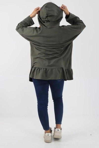 Frill Hem Long Sleeve Hooded Top - Lashra Fashion