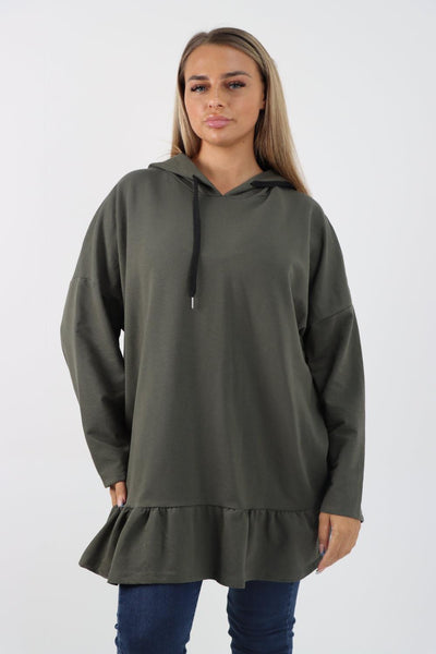 Frill Hem Long Sleeve Hooded Top - Lashra Fashion