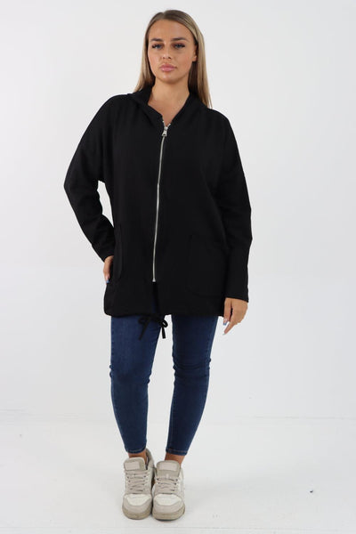 Longline Zip Pockets Hooded Top - Lashra Fashion