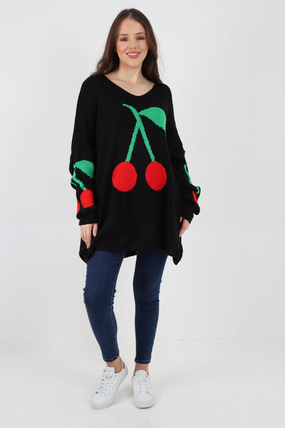 Oversized Knitted Cherry Print Jumper Top