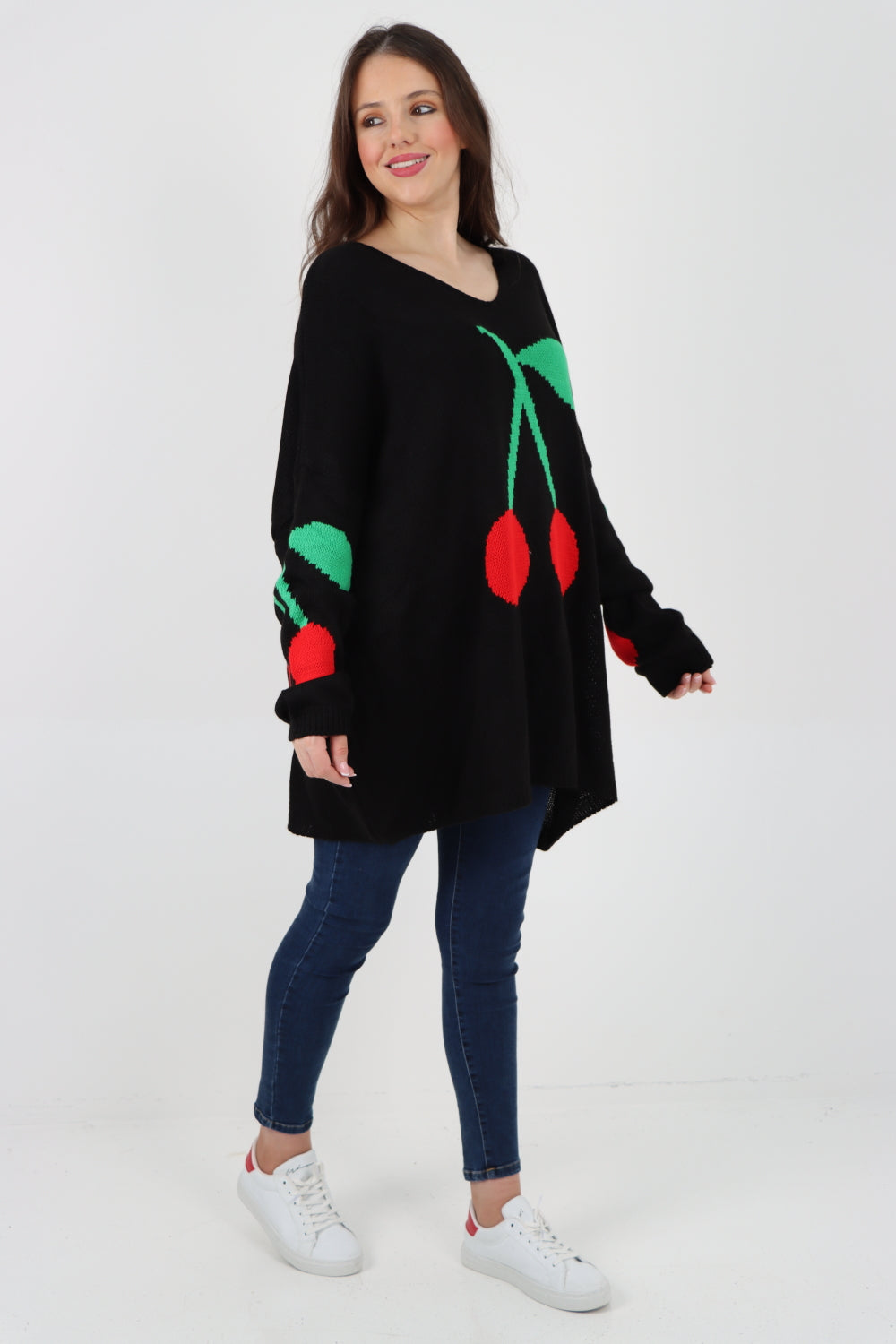 Oversized Knitted Cherry Print Jumper Top