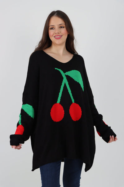 Oversized Knitted Cherry Print Jumper Top