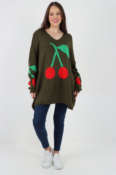 Oversized Knitted Cherry Print Jumper Top