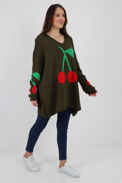 Oversized Knitted Cherry Print Jumper Top