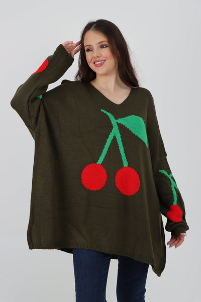 Oversized Knitted Cherry Print Jumper Top