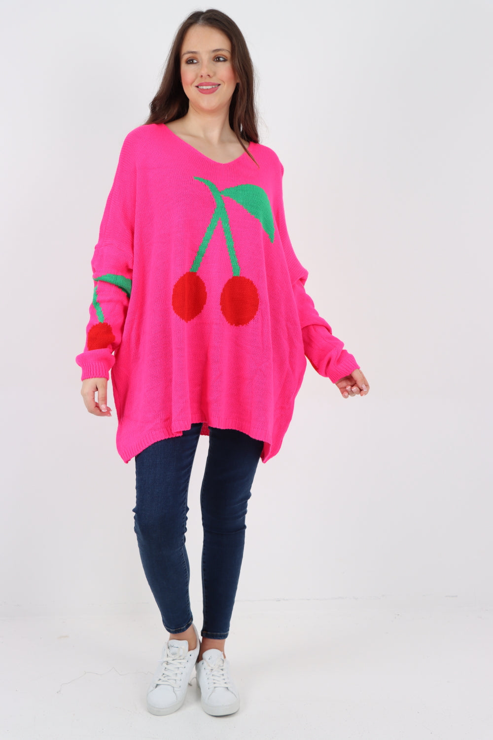 Oversized Knitted Cherry Print Jumper Top