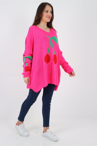 Oversized Knitted Cherry Print Jumper Top