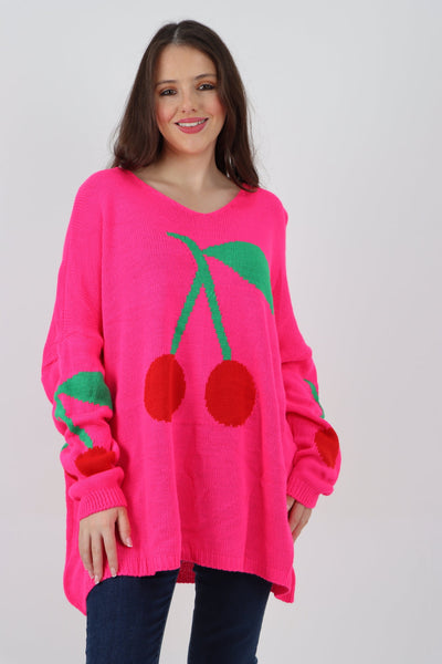 Oversized Knitted Cherry Print Jumper Top