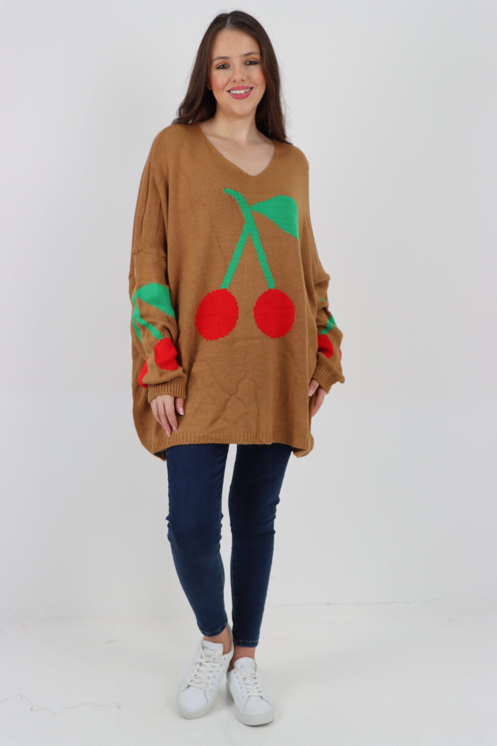 Oversized Knitted Cherry Print Jumper Top