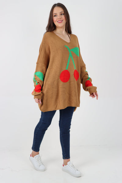 Oversized Knitted Cherry Print Jumper Top