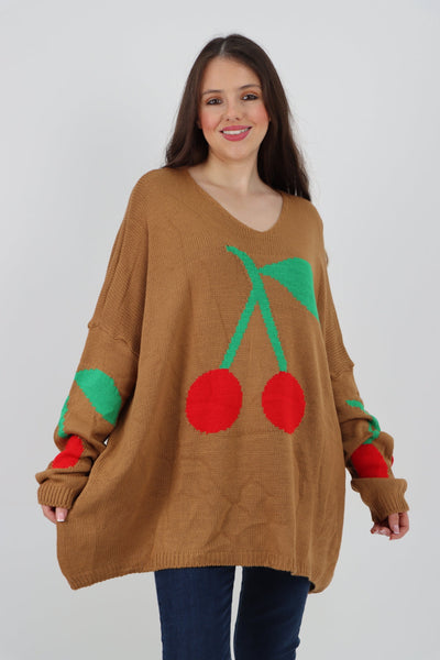 Oversized Knitted Cherry Print Jumper Top