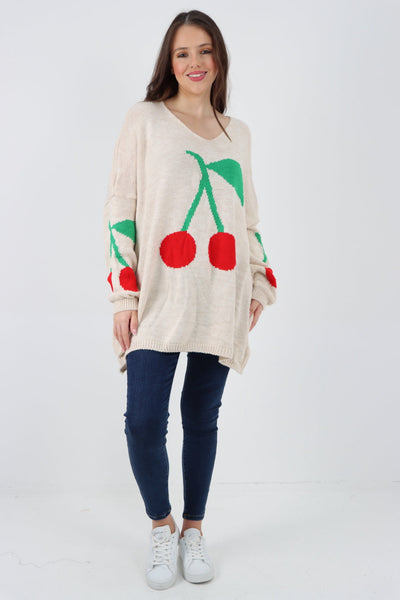 Oversized Knitted Cherry Print Jumper Top