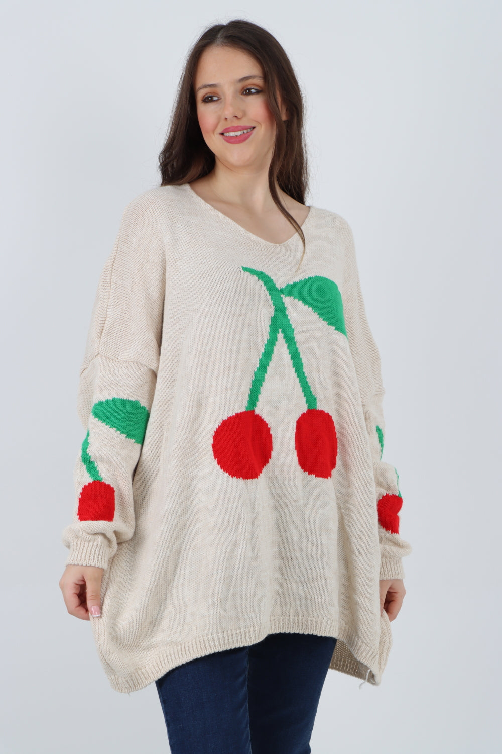 Oversized Knitted Cherry Print Jumper Top