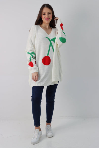 Oversized Knitted Cherry Print Jumper Top