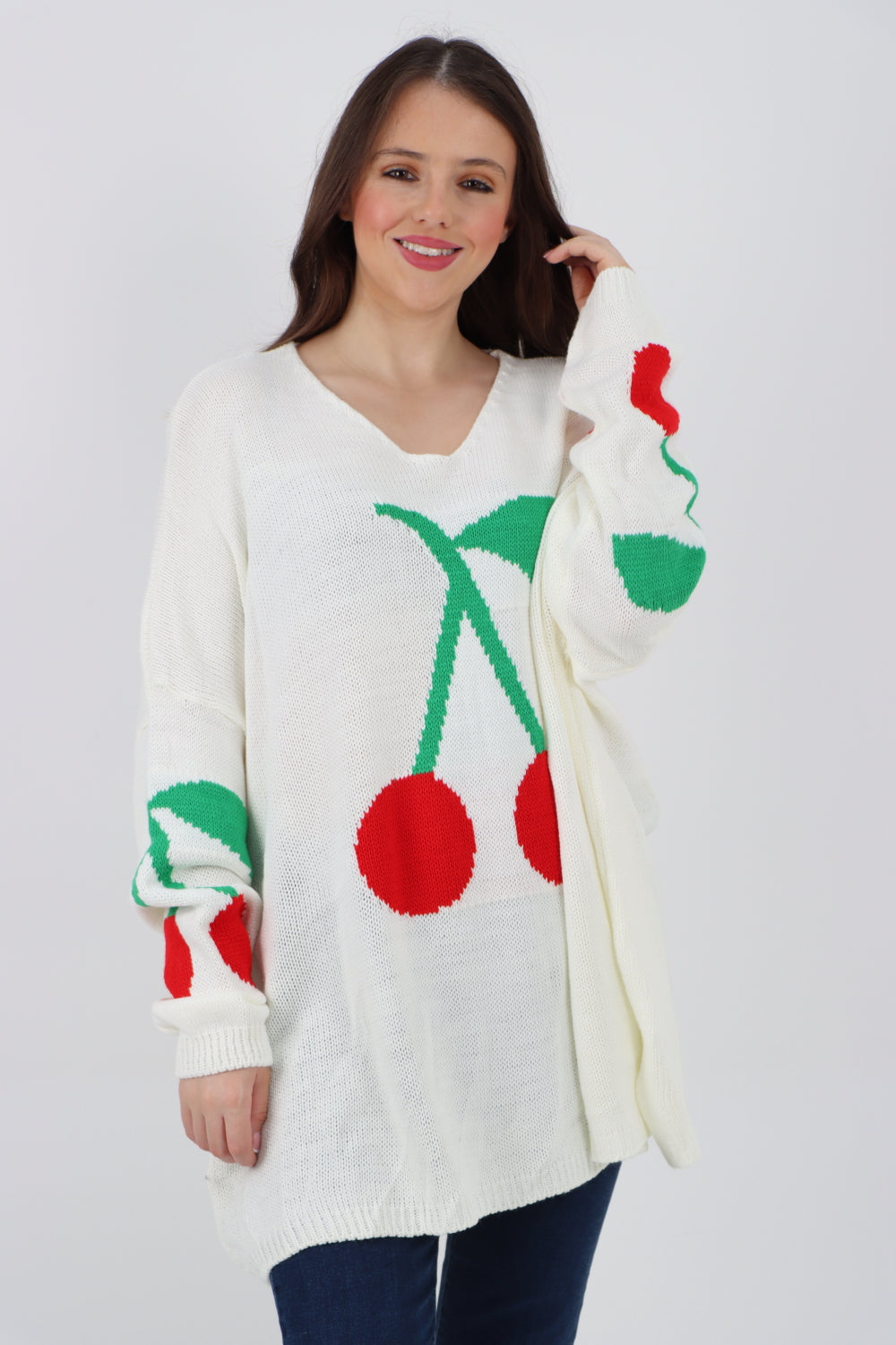 Oversized Knitted Cherry Print Jumper Top