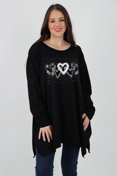 Sequin Heart Print Soft Knit Jumper Top