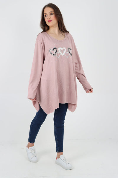 Sequin Heart Print Soft Knit Jumper Top