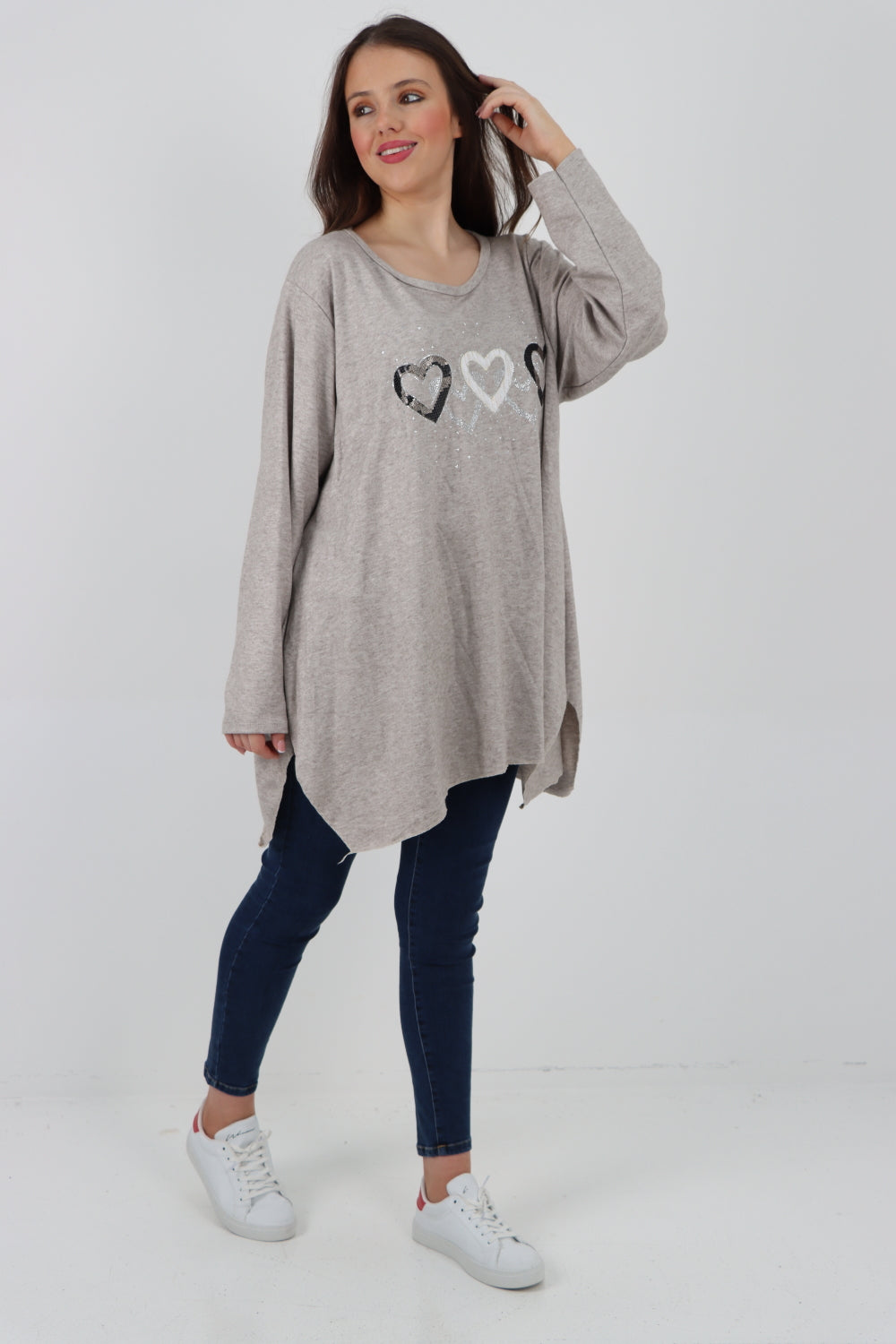 Sequin Heart Print Soft Knit Jumper Top