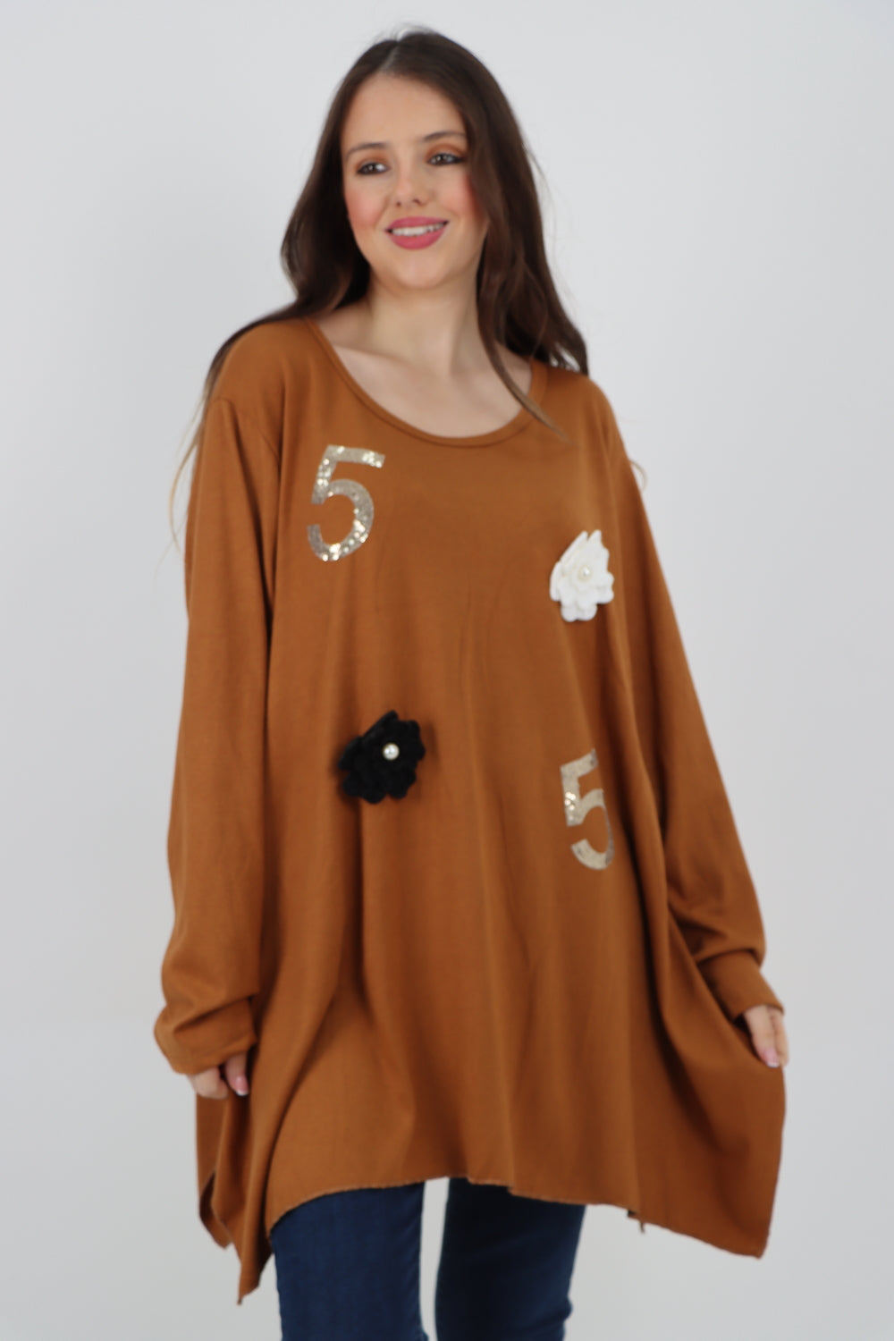 Five Flower Print LongsleeveJumper Top