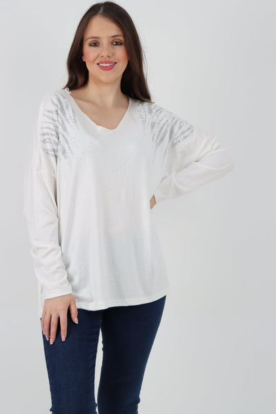 Rhinestone Shoulder Detail Soft Knit Top