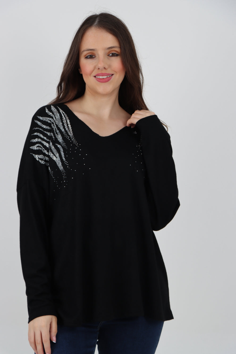 Rhinestone Shoulder Detail Soft Knit Top