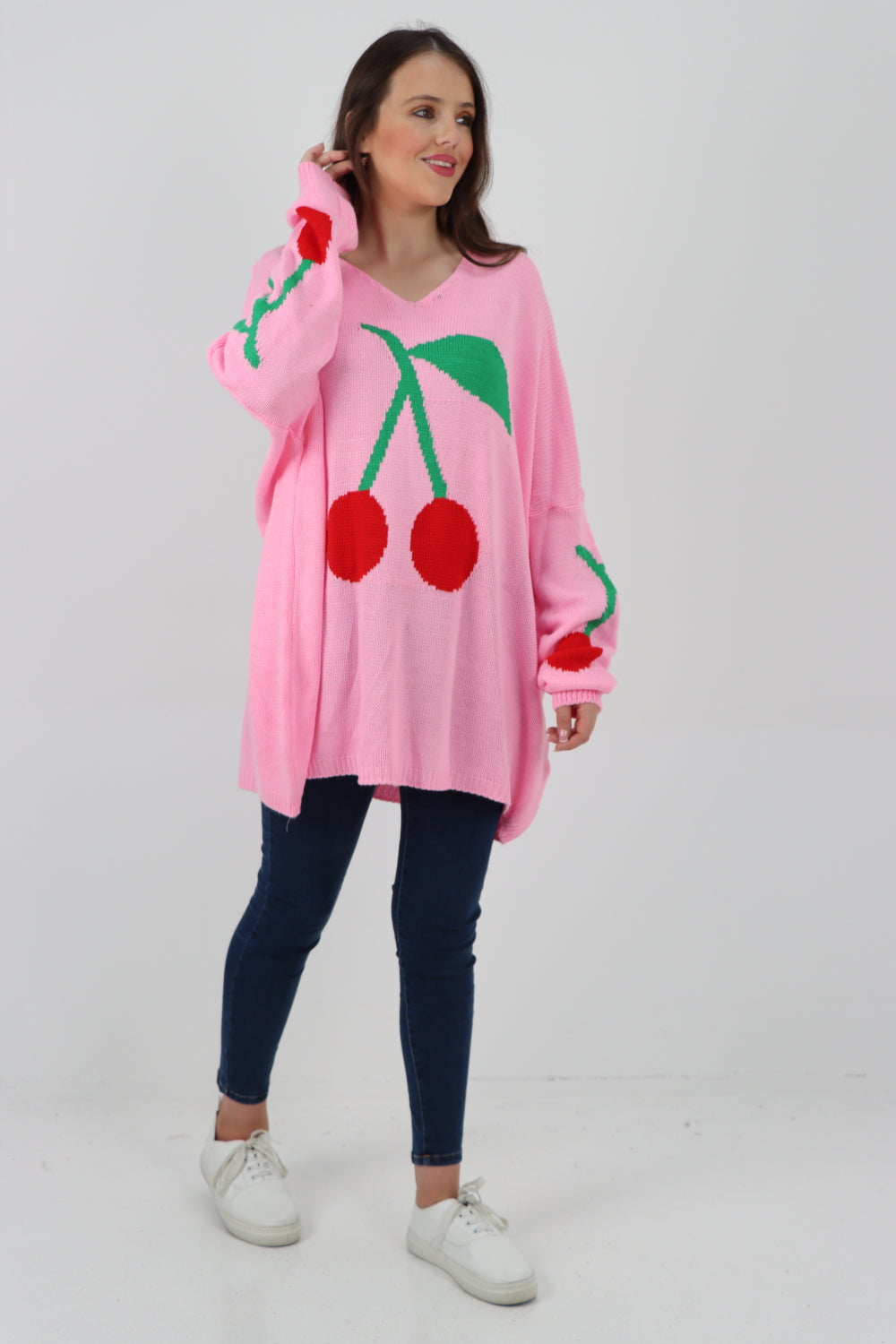 Oversized Knitted Cherry Print Jumper Top