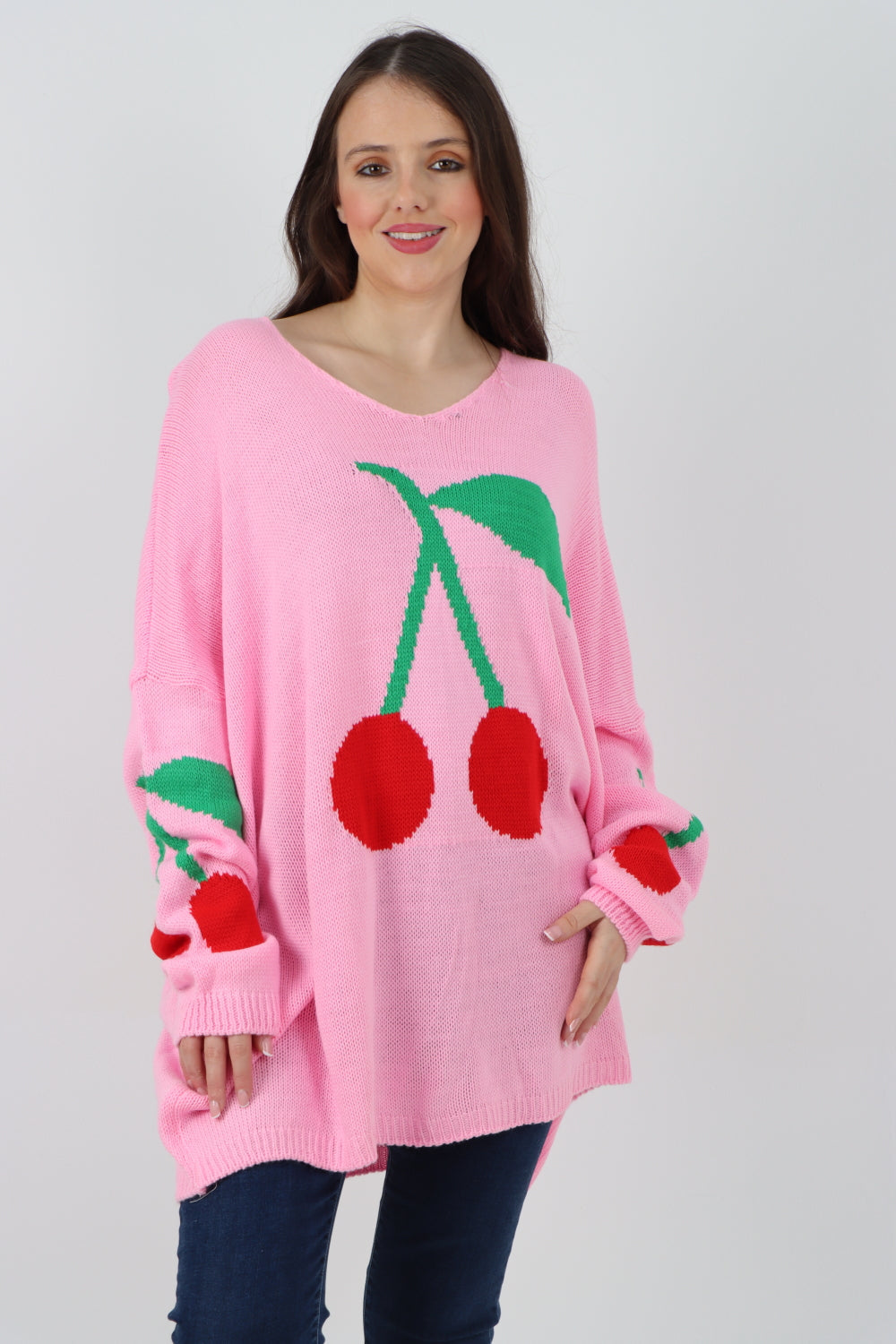 Oversized Knitted Cherry Print Jumper Top