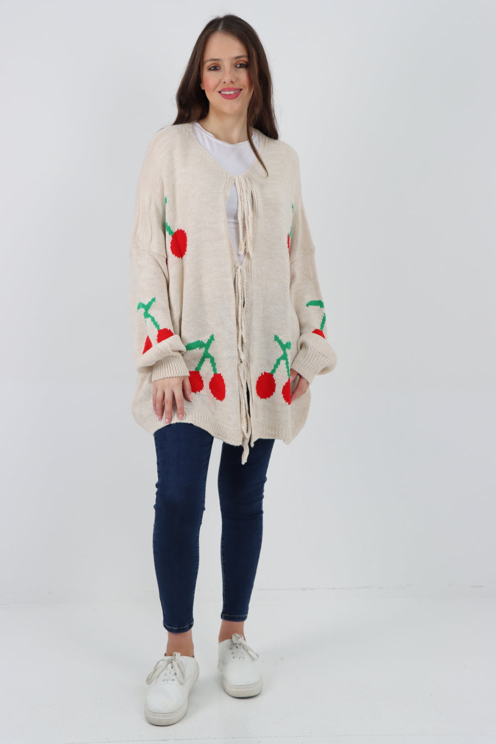 Triple Tie Front Cherry Print Cardigan