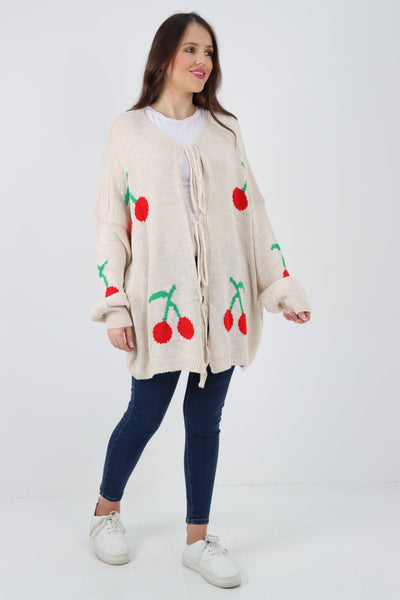 Triple Tie Front Cherry Print Cardigan