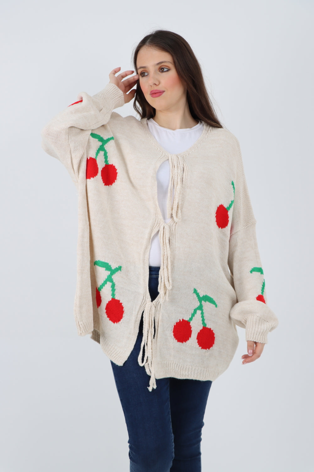 Triple Tie Front Cherry Print Cardigan