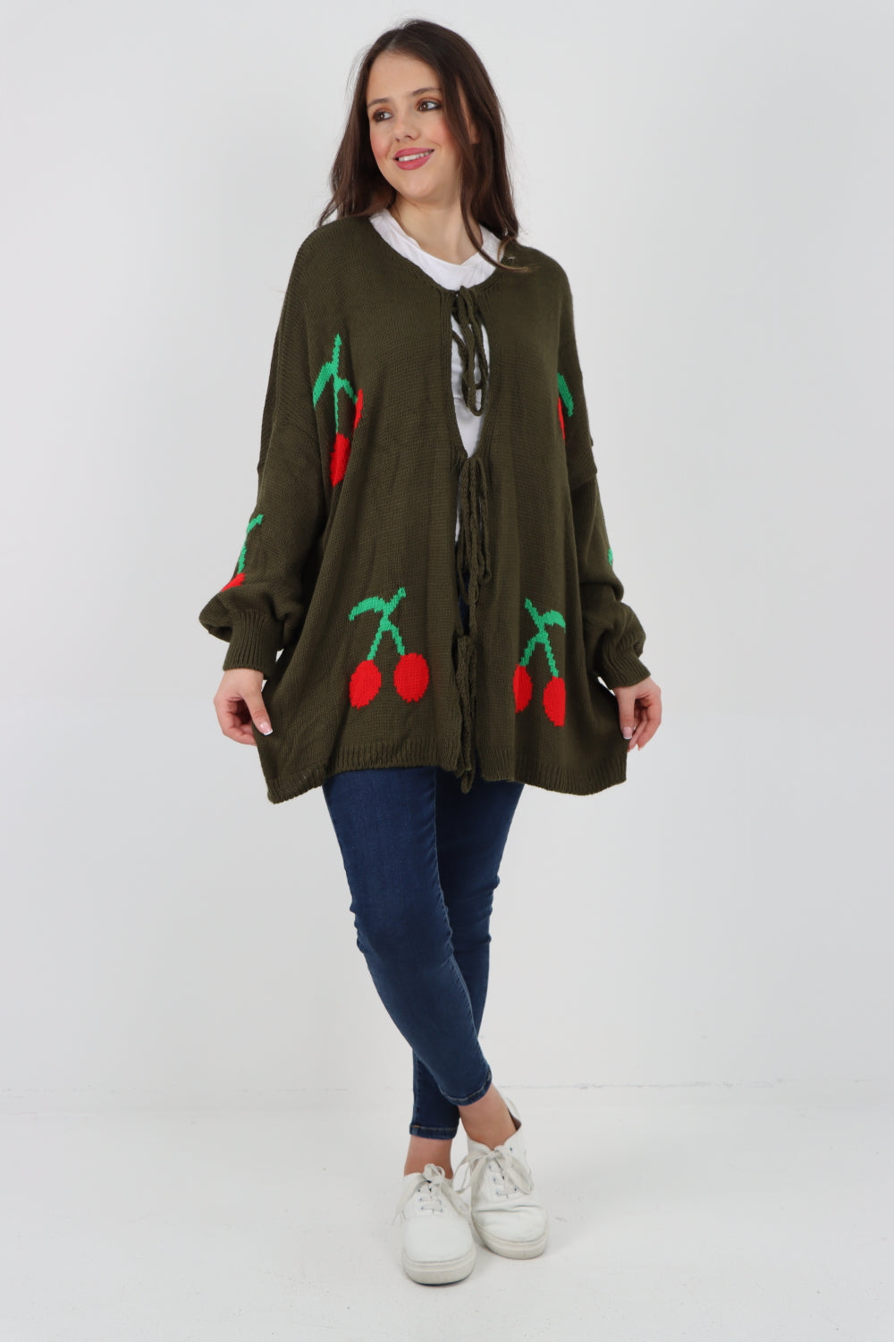 Triple Tie Front Cherry Print Cardigan