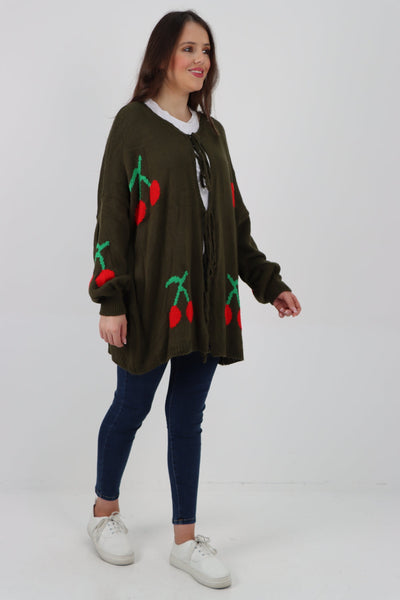 Triple Tie Front Cherry Print Cardigan