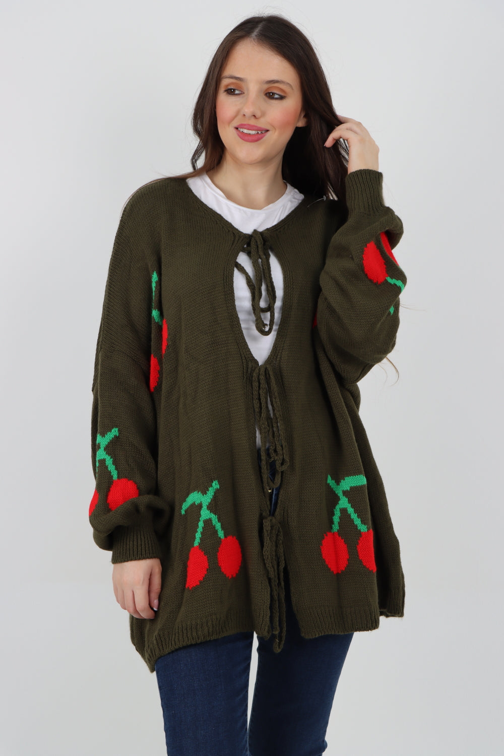 Triple Tie Front Cherry Print Cardigan