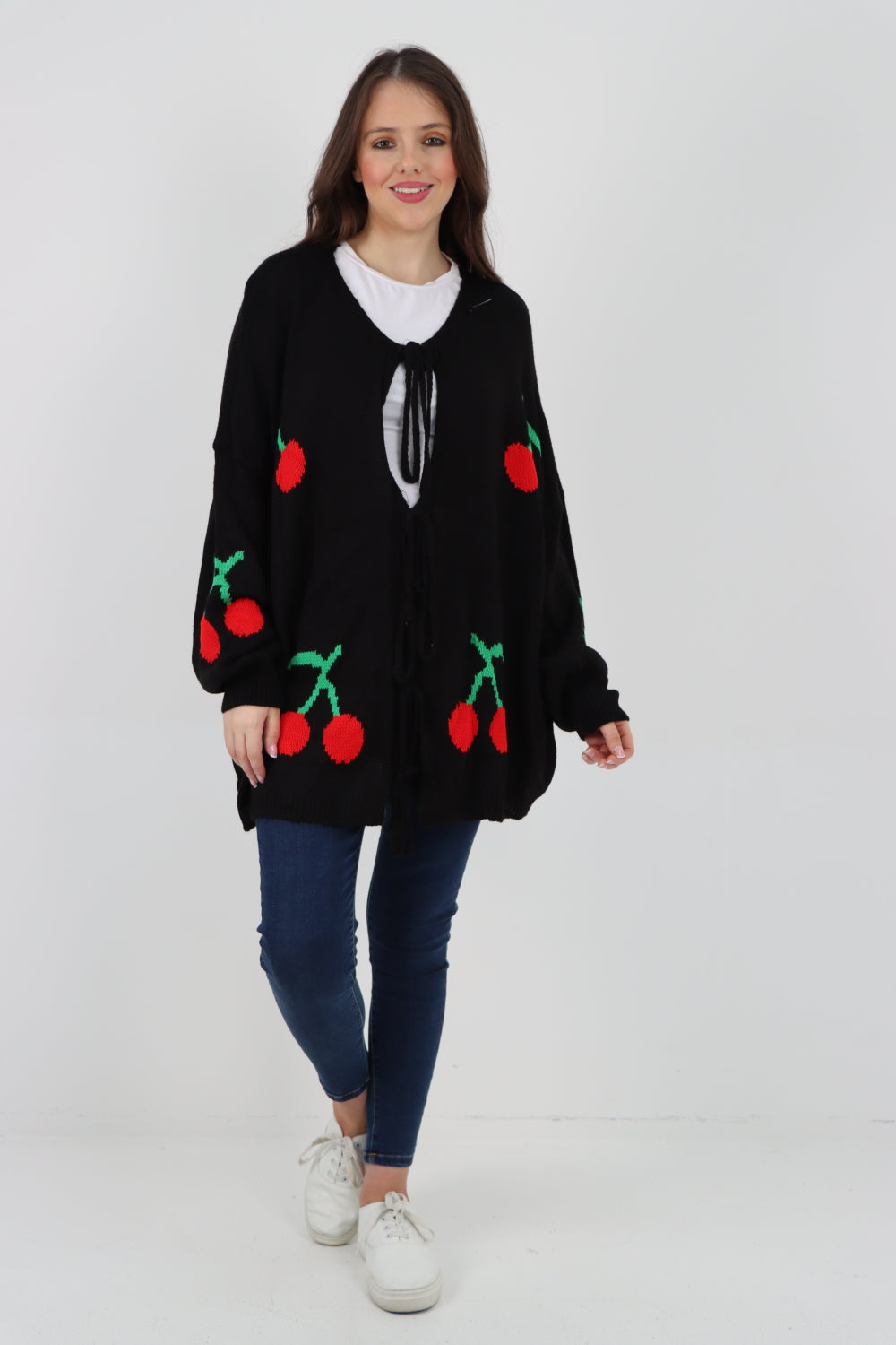 Triple Tie Front Cherry Print Cardigan