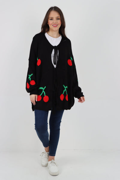 Triple Tie Front Cherry Print Cardigan