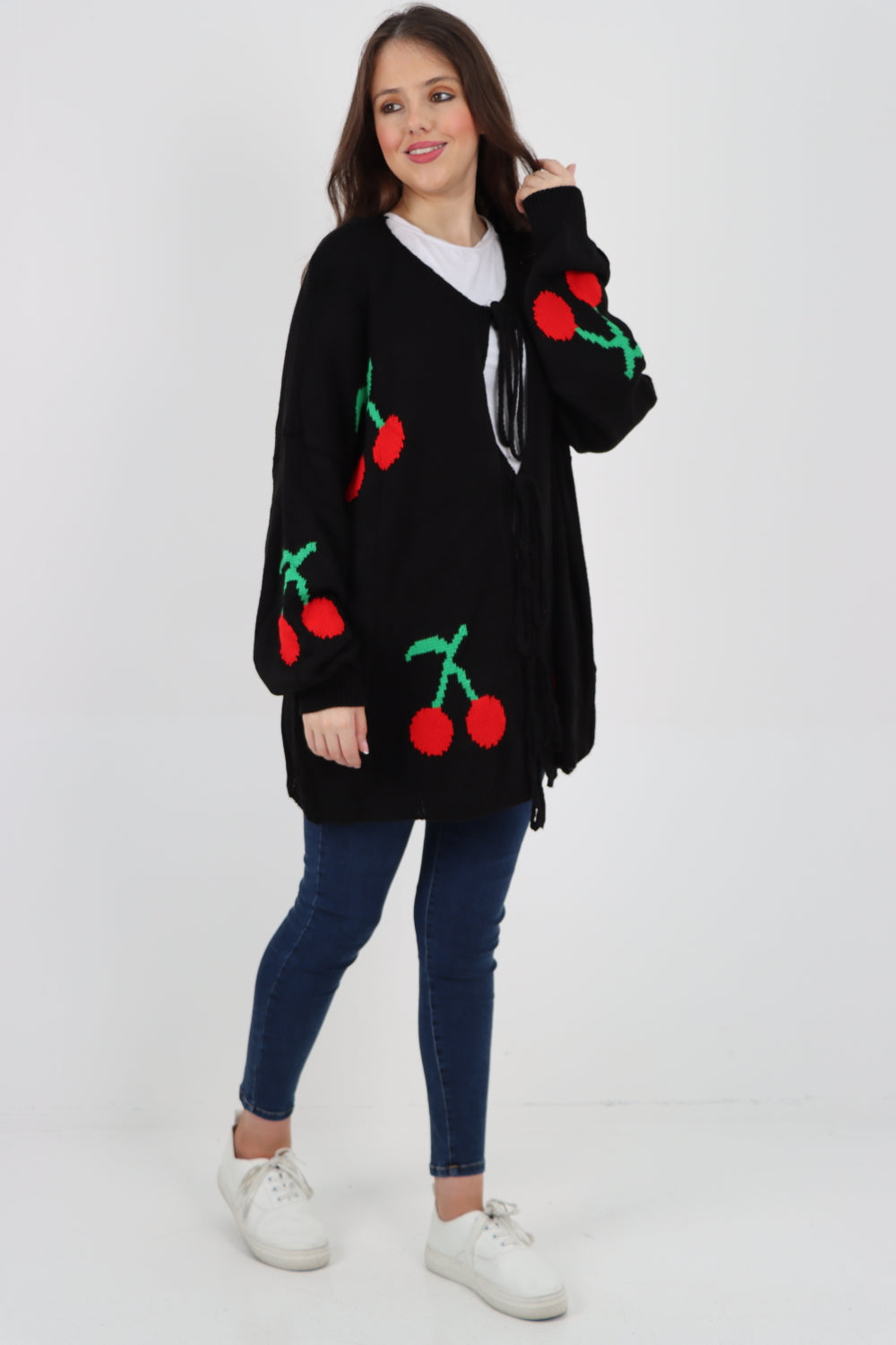 Triple Tie Front Cherry Print Cardigan