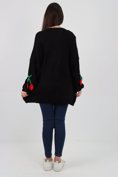 Triple Tie Front Cherry Print Cardigan