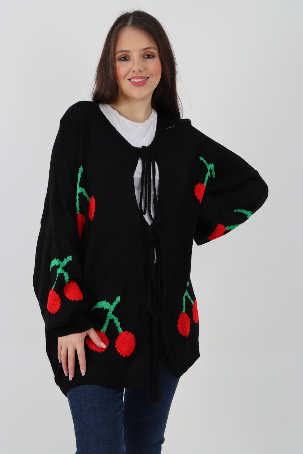 Triple Tie Front Cherry Print Cardigan