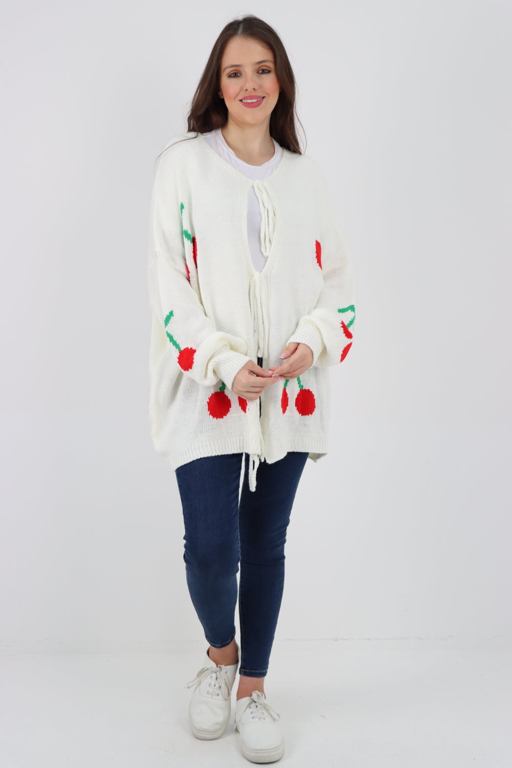 Triple Tie Front Cherry Print Cardigan