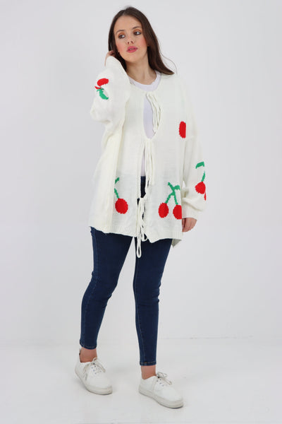 Triple Tie Front Cherry Print Cardigan