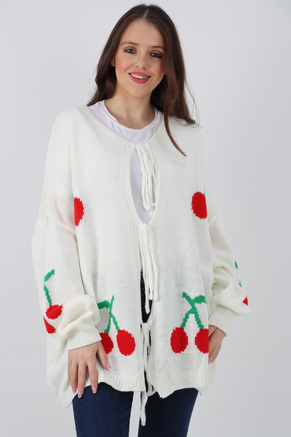 Triple Tie Front Cherry Print Cardigan